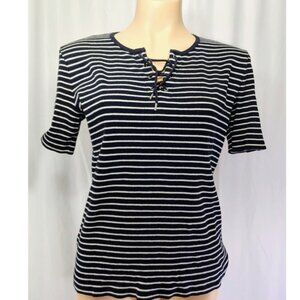 EUC Lauren Ralph Lauren Women's Large Black White Striped Tie Front T-shirt
